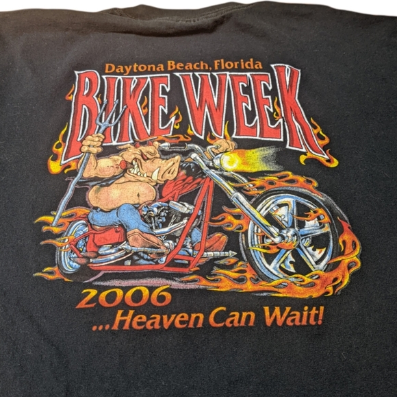 Men's Daytona Beach 2006 Bike Week Heaven Can Wait Hog on Bike Large Black Tee - Picture 10 of 11
